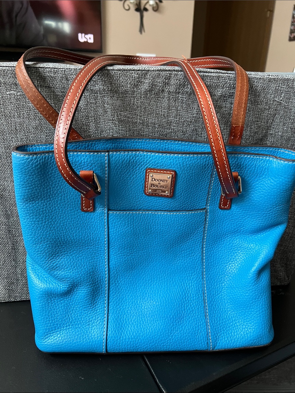 Dooney & Bourke Turquoise Leather Tote with Brown Handles
